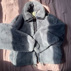 Anthropolgie Elevenses Blue Gray Fur Coat Jacket